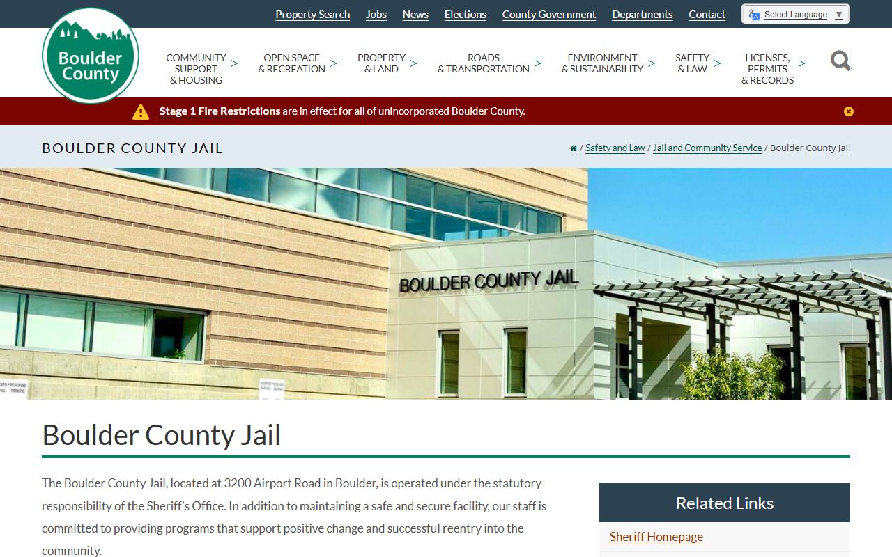 Boulder County Jail facility page for inmate population and custody lookup
