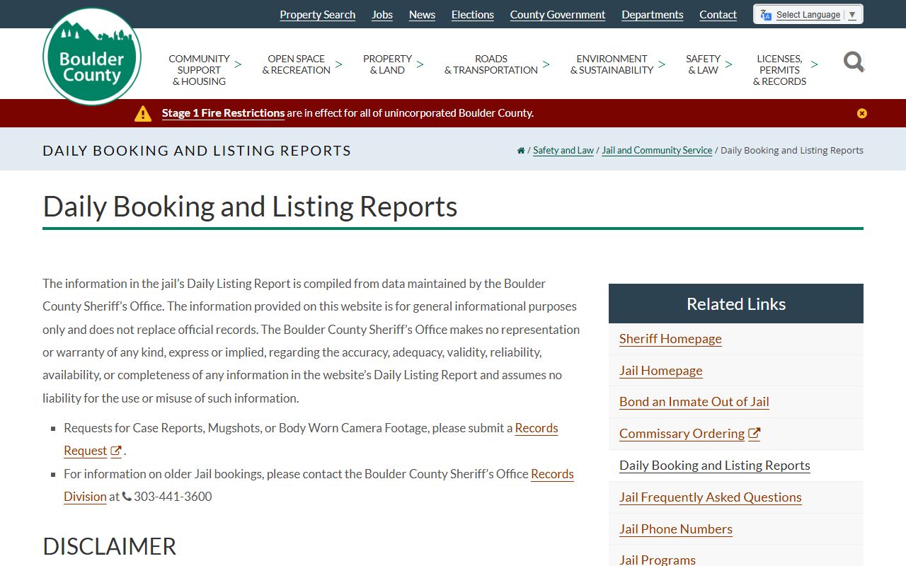 Boulder County jail roster listing and booking reports for inmate search