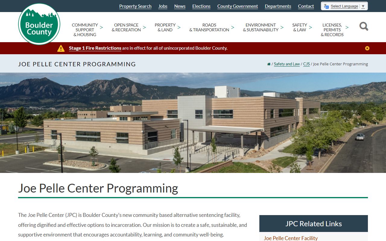 Joe Pelle Center Boulder County alternative sentencing inmate population facility